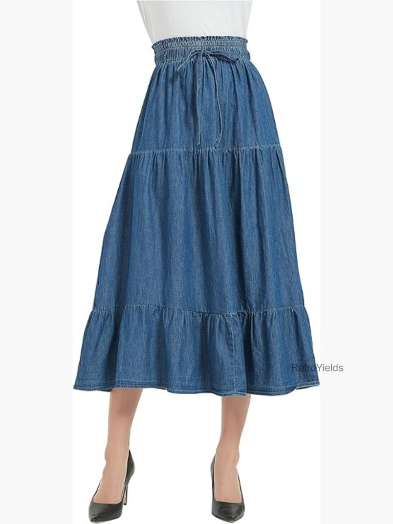 A-Line Long Midi Denim Skirt Tiered Pleated Elastic Waist Drawstring